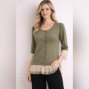 A'Reve Olive Button-Down Top with Lace Trim